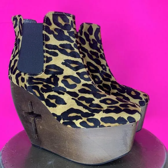 Grey City Leopard Print Calf Hair Cross Cutout Wood Platform Chelsea Boot Sz 7