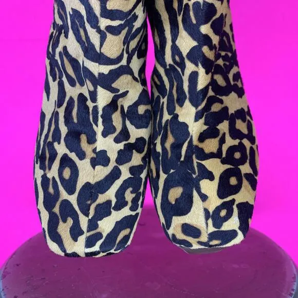 Grey City Leopard Print Calf Hair Cross Cutout Wood Platform Chelsea Boot Sz 7
