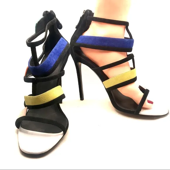 GREY MER MULTI-COLOR STILETTO HEEL STRAPPY ITALIAN SUEDE SHOES (39)