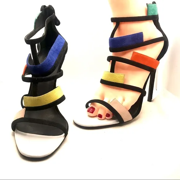 GREY MER MULTI-COLOR STILETTO HEEL STRAPPY ITALIAN SUEDE SHOES (39)