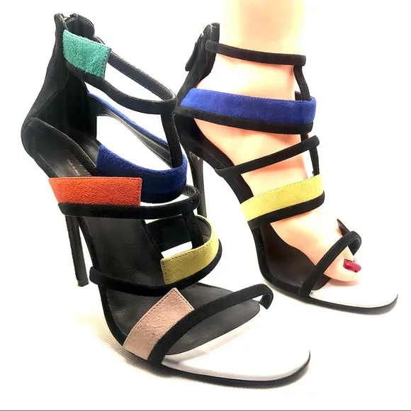 GREY MER MULTI-COLOR STILETTO HEEL STRAPPY ITALIAN SUEDE SHOES (39)