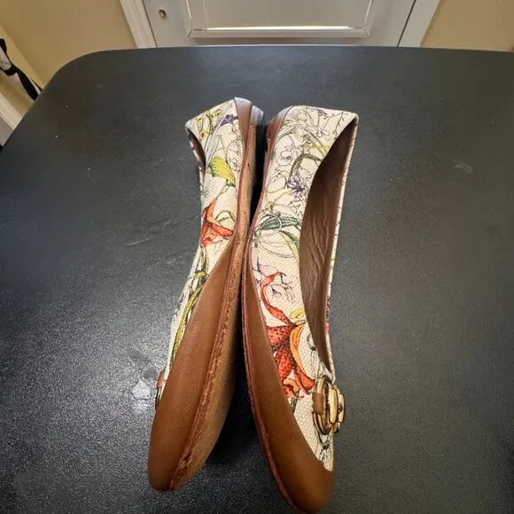 Gucci Floral print horsebit leather and canvas ballet flats 36.5/6.5
