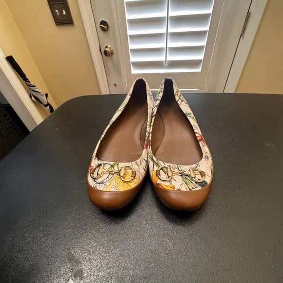 Gucci Floral print horsebit leather and canvas ballet flats 36.5/6.5