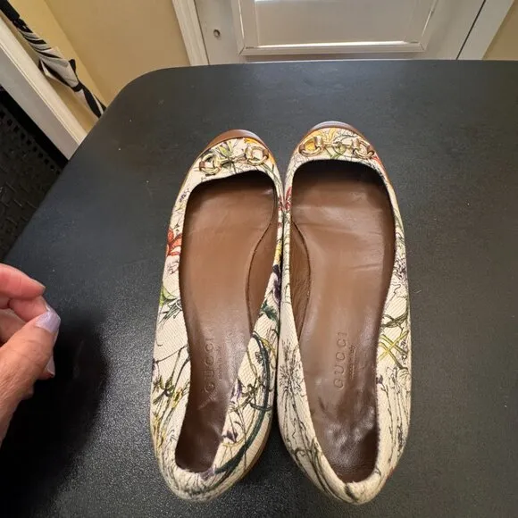 Gucci Floral print horsebit leather and canvas ballet flats 36.5/6.5