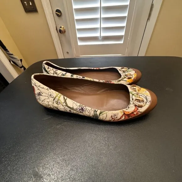 Gucci Floral print horsebit leather and canvas ballet flats 36.5/6.5