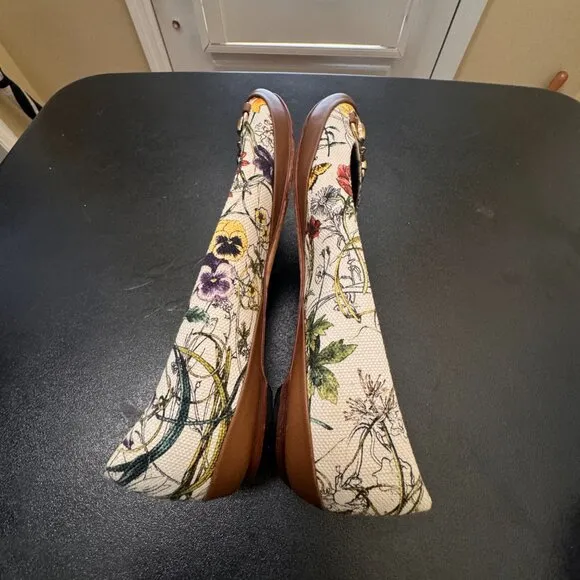 Gucci Floral print horsebit leather and canvas ballet flats 36.5/6.5