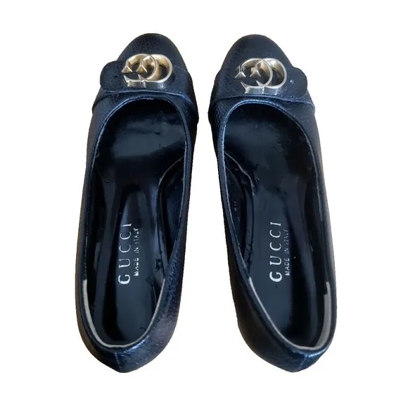 Gucci GG Logo Classic Pumps 225348 Women’s 6.5 Leather Heel Shoes Black Leather