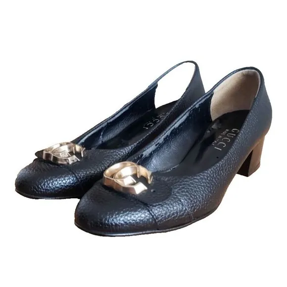Gucci GG Logo Classic Pumps 225348 Women’s 6.5 Leather Heel Shoes Black Leather
