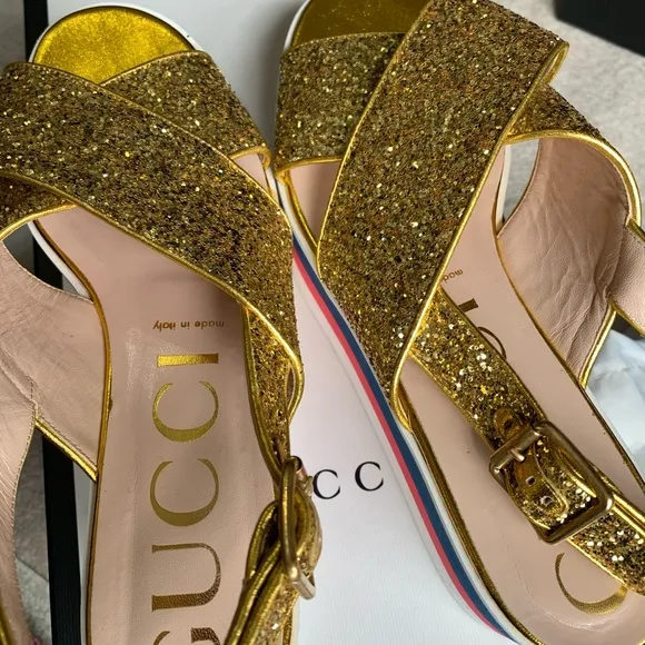 Gucci glitter gold shoes with box