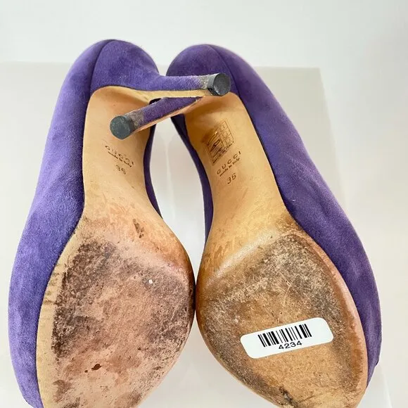 Gucci 'Sophia' Royal Purple Suede Stiletto Peep Toe Heels