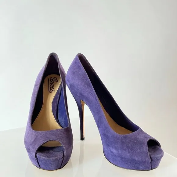 Gucci 'Sophia' Royal Purple Suede Stiletto Peep Toe Heels