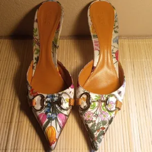 GUCCI Women's Floral Satin Shoes With Horsebit Accents - Multicolor- Size 9.5B