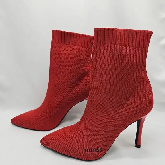 Guess Fabric‎ Bootie Sz 9 Tear Stretch Heeled Stiletto Pointed Toe Mid Calf Red