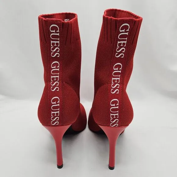 Guess Fabric‎ Bootie Sz 9 Tear Stretch Heeled Stiletto Pointed Toe Mid Calf Red