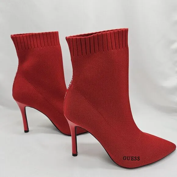 Guess Fabric‎ Bootie Sz 9 Tear Stretch Heeled Stiletto Pointed Toe Mid Calf Red