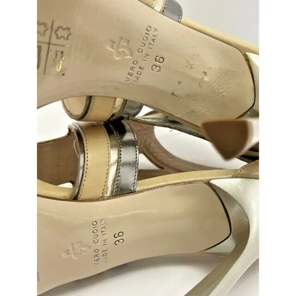 Guido Sgariglia Vero Italy Gold Silver Strappy Leather Heels Sz 5.5 or 36 $400