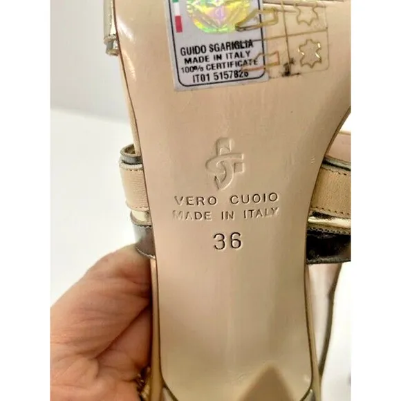 Guido Sgariglia Vero Italy Gold Silver Strappy Leather Heels Sz 5.5 or 36 $400