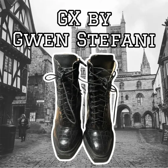 GX by Gwen Stefani Ankle Boots Size 6 Black Embossed Faux Leather “Noriko”