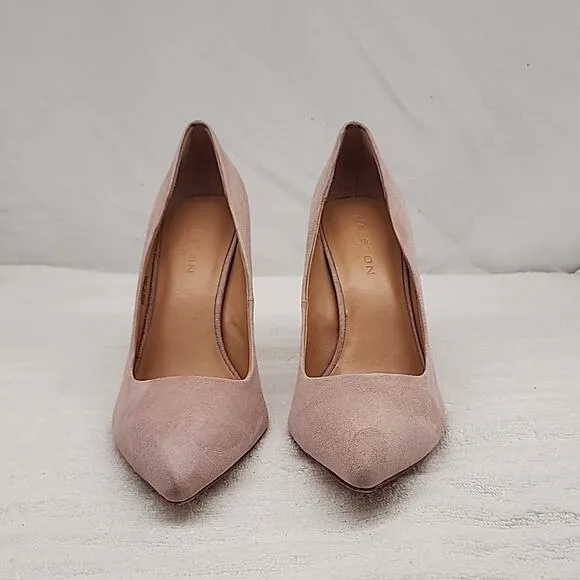 HALSTON HERITAGE CLAUDIA BIEGE/PINK LEATHER UPPER SUEDE STILLETO PUMPS 8.5 GUC