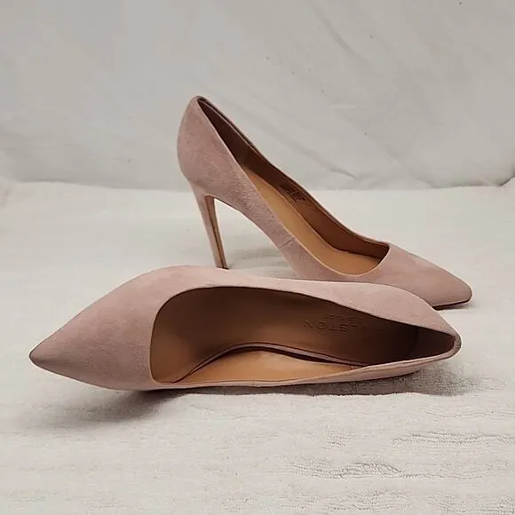 HALSTON HERITAGE CLAUDIA BIEGE/PINK LEATHER UPPER SUEDE STILLETO PUMPS 8.5 GUC