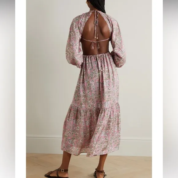 HANNAH ARTWORK Carmen Silk Block Floral Print Midi Dress