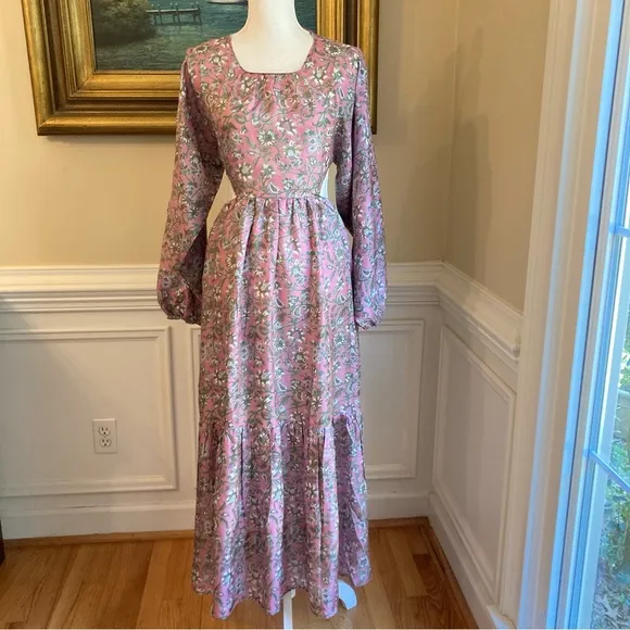 HANNAH ARTWORK Carmen Silk Block Floral Print Midi Dress