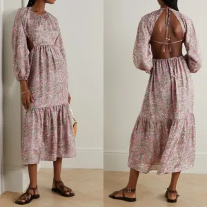 HANNAH ARTWORK Carmen Silk Block Floral Print Midi Dress