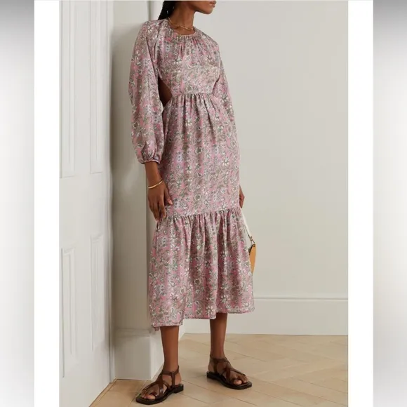HANNAH ARTWORK Carmen Silk Block Floral Print Midi Dress