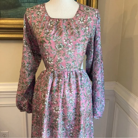 HANNAH ARTWORK Carmen Silk Block Floral Print Midi Dress