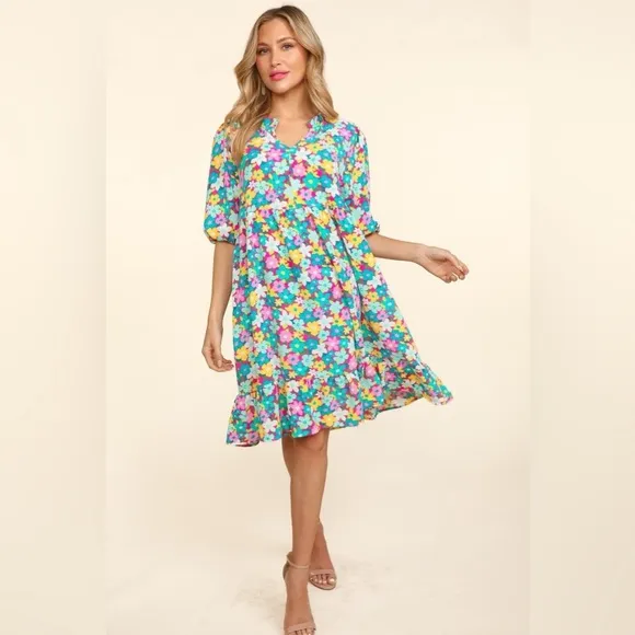 Haptics Bubble Sleeve Floral Ruffled Dress