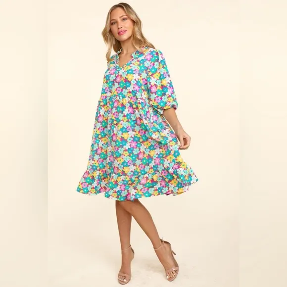 Haptics Bubble Sleeve Floral Ruffled Dress