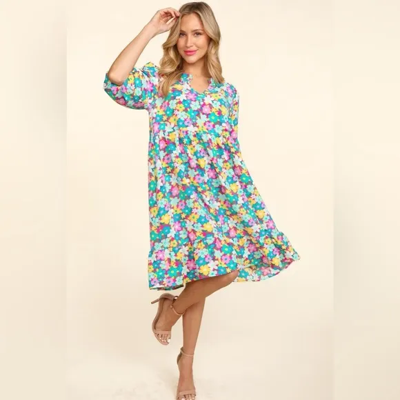 Haptics Bubble Sleeve Floral Ruffled Dress