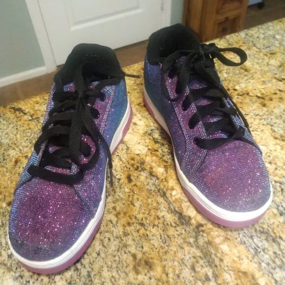 Heelys Girls Split Purple Aqua Skate Shoes Glitter Roller Shoes Size Youth 4