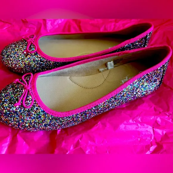 💖HOST PICK💖 Cat &amp; Jack Pink Glitter Flats Shoes Bow Barbie Big Girls 5 NWOT