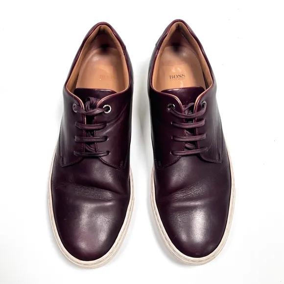 Hugo Boss Mens Sneakers Burgundy Leather Lace Up Sneakers Size 42