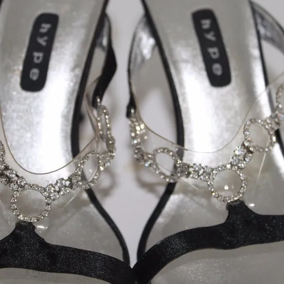 Hype Brand Silver Heels Jeweled Satin Black Pumps Womens Sling 6 M GORGEOUS