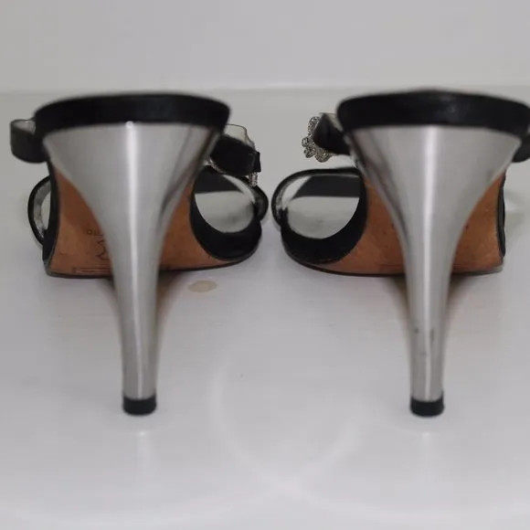 Hype Brand Silver Heels Jeweled Satin Black Pumps Womens Sling 6 M GORGEOUS