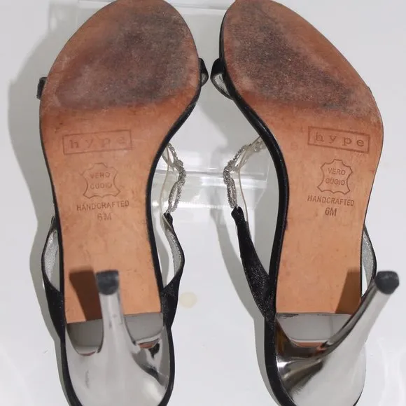 Hype Brand Silver Heels Jeweled Satin Black Pumps Womens Sling 6 M GORGEOUS
