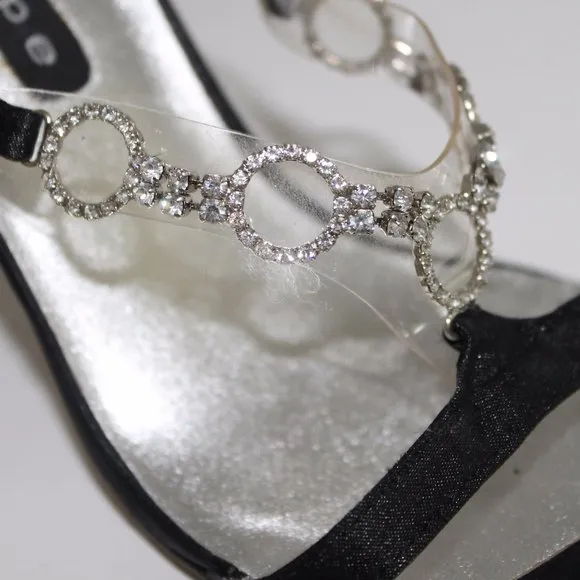 Hype Brand Silver Heels Jeweled Satin Black Pumps Womens Sling 6 M GORGEOUS