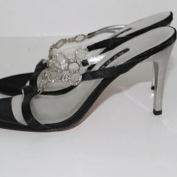 Hype Brand Silver Heels Jeweled Satin Black Pumps Womens Sling 6 M GORGEOUS