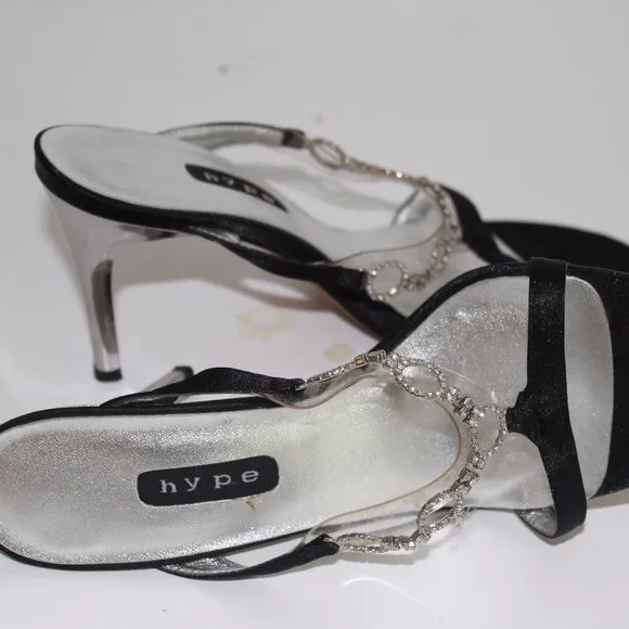 Hype Brand Silver Heels Jeweled Satin Black Pumps Womens Sling 6 M GORGEOUS