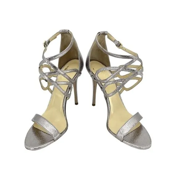 Icone Silver Metallic Leather Sandal High Heels Party Shoes Sz 40 EU 9.5 NIB