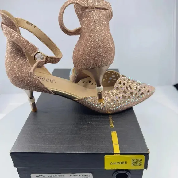 IDIFU Womens Shoes IN2 Candice Low Kitten Heels Pumps Rhinestones Sequins Gold 9