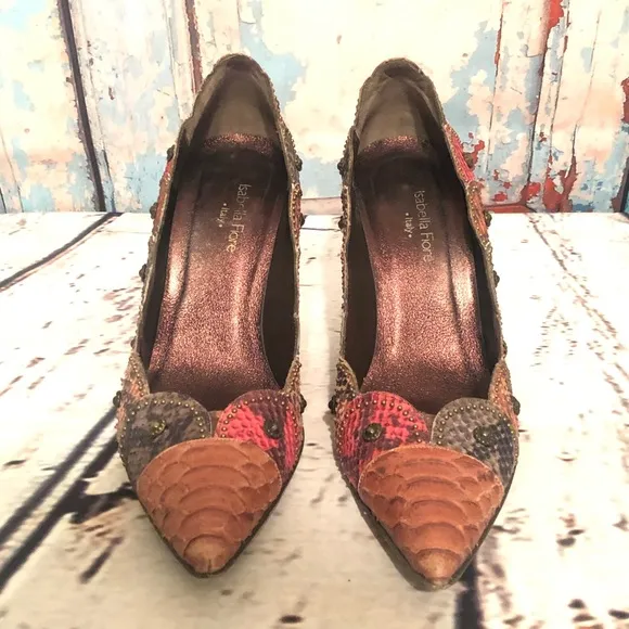 Isabella Fiore Studded Snakeskin Scalloped Heels