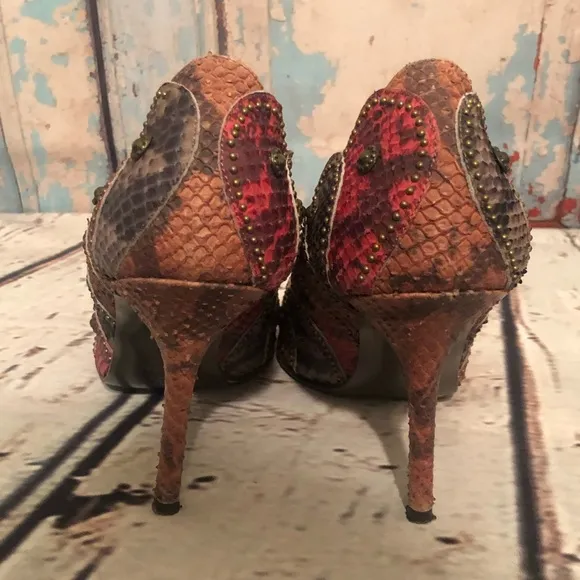 Isabella Fiore Studded Snakeskin Scalloped Heels