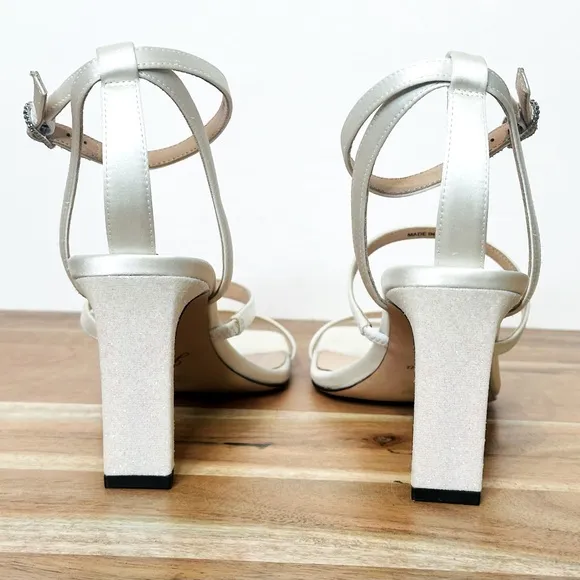 J. Crew Ava Strappy Satin Glitter Heels Sandals Shoes Ivory White Size 9 NWOB
