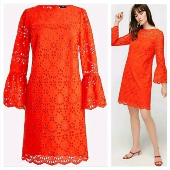 J. Crew Bell-sleeve Dress Embroidered Eyelet in Brillant Sunset, Size 00, NWT