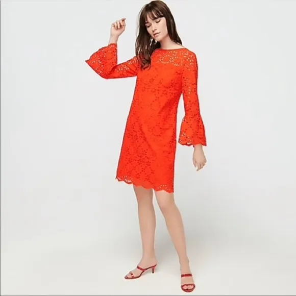J. Crew Bell-sleeve Dress Embroidered Eyelet in Brillant Sunset, Size 00, NWT