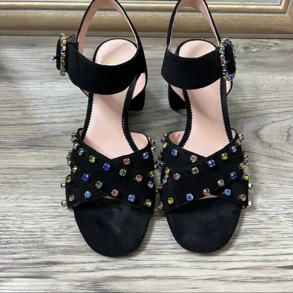 J. Crew Embellished Penny Heeled Sandals Black Suede sz 10