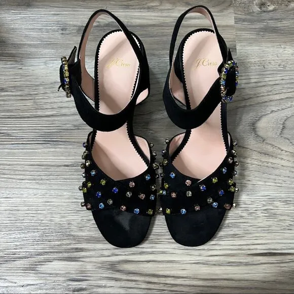 J. Crew Embellished Penny Heeled Sandals Black Suede sz 10